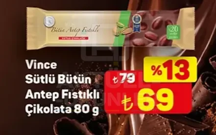Vince Sütlü Bütün Antep Fıstıklı Çikolata 80 g