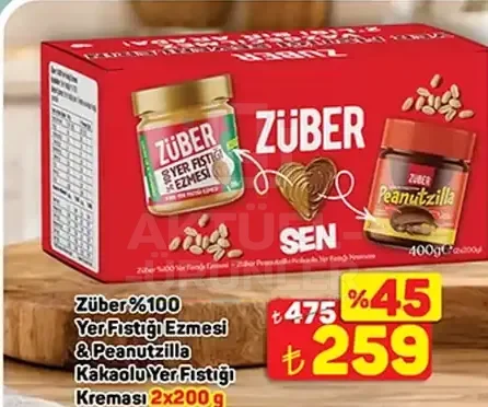Züber %100 Yer Fıstığı Ezmesi & Peanutzilla Kakaolu Yer Fıstığı Kreması 2x200 g