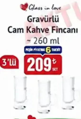 Glass in love Gravürlü Cam Kahve Fincanı 260 ml 3'lü
