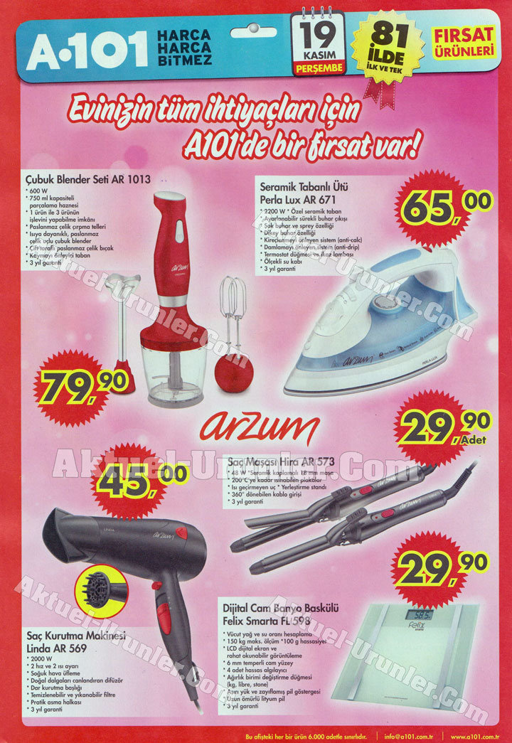 A101 19 Kasım Aktüel Ev Aletleri 2015 – Arzum Ürünleri