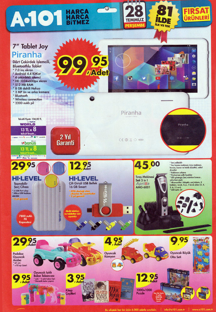 A101 28 Temmuz Aktüel Katalogu – Piranha Joy Tablet