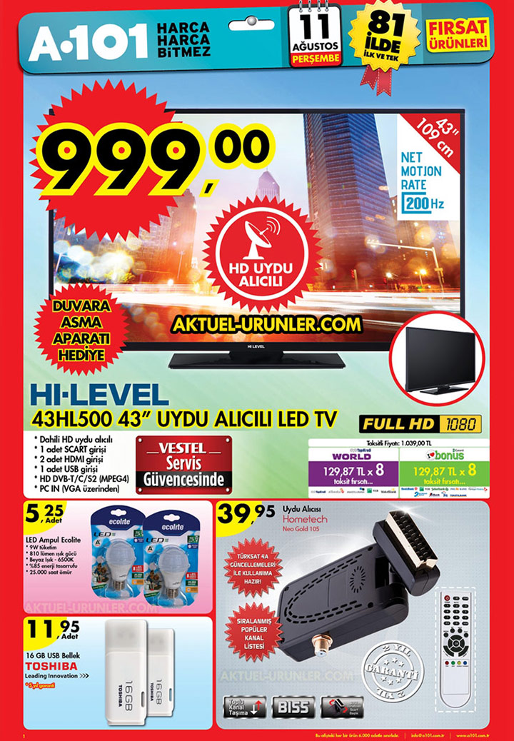 A101 11 Ağustos Aktüel Ürünleri – Hi Level 43HL500 TV