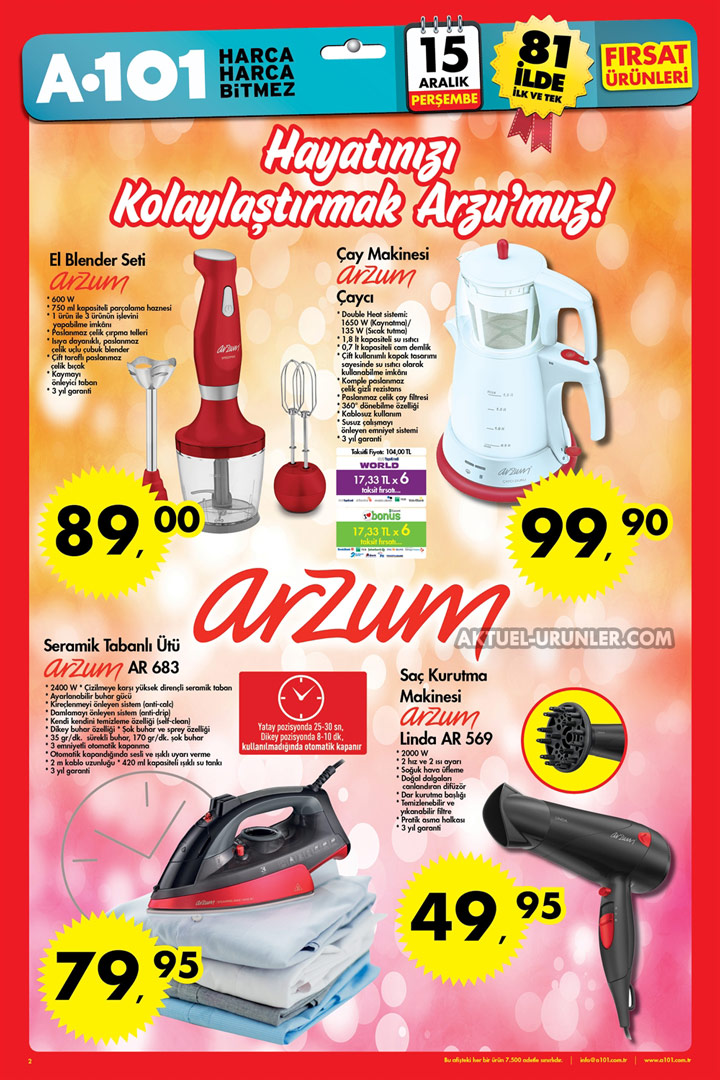 A101 15 Aralık Aktüel Kataloğu – Arzum Ürünleri