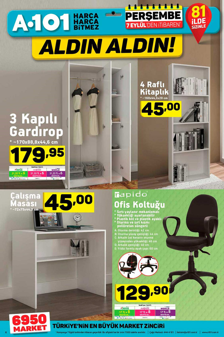 A101 7 Eylül Masa &amp; Koltuk &amp; Gardırop &amp; Kitaplık Aktüel