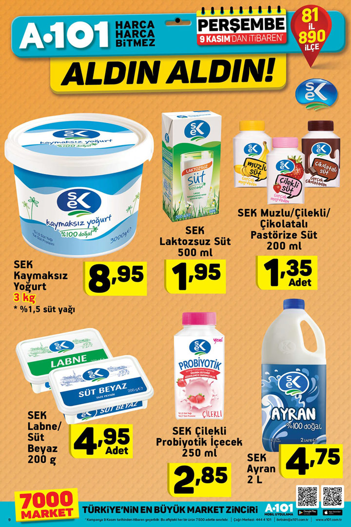 A101 9 Kasım SEK Süt ve Süt Aktüel Ürünleri & Perşembe