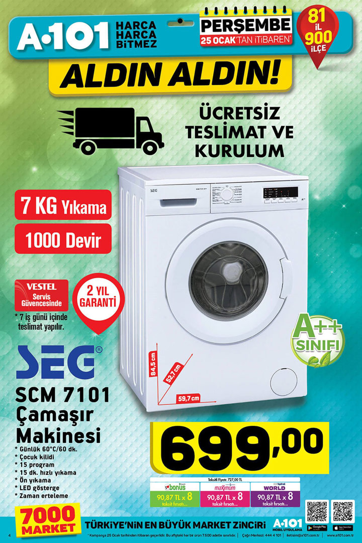 A101 25 Ocak SEG SCM 7101 Çamaşır Makinesi Geliyor