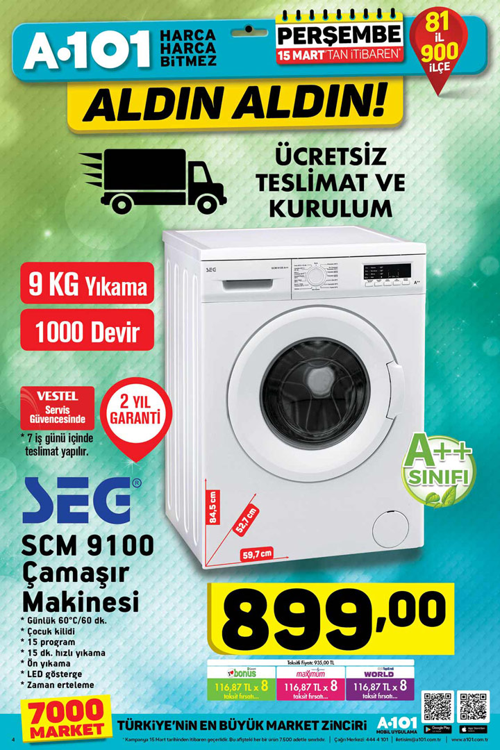 A101 SEG 9100 Çamaşır Makinesi – 15 Mart 2018 Perşembe