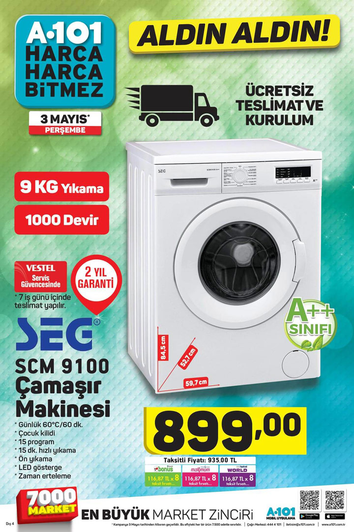 A101 3 Mayıs Seg SCM 9100 Çamaşır Makinesi Kampanyası