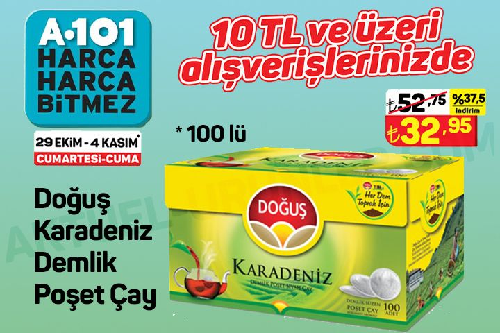 A101 Doğuş Karadeniz Demlik Poşet Çay 100lü ürün afişi