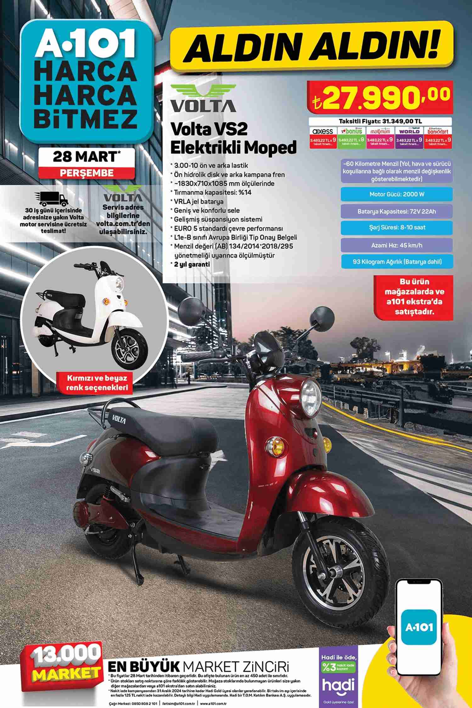 A101 28 Mart 2024 Volta VS2 Elektrikli Moped Kataloğu