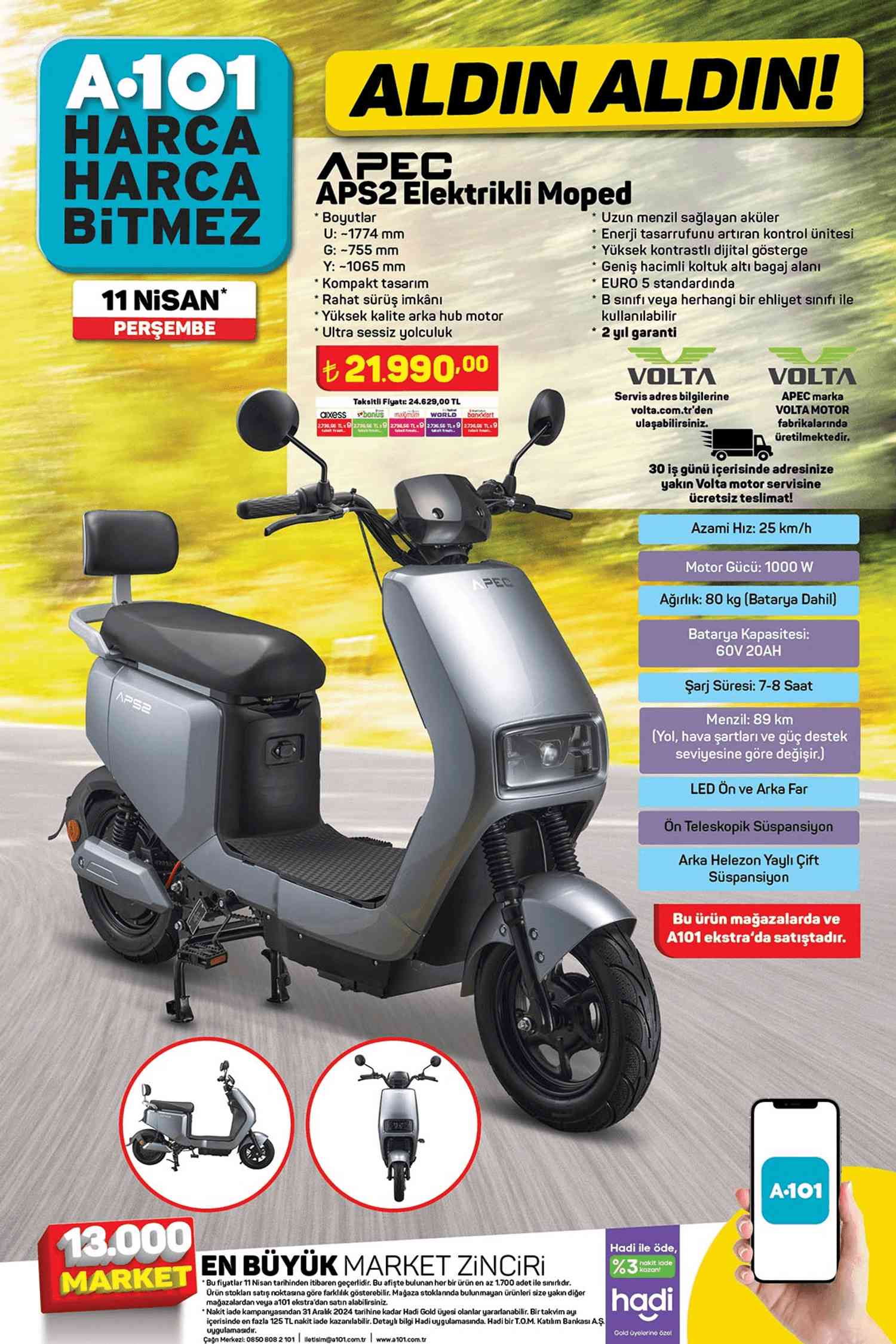 A101 11 Nisan 2024 Apec APS2 Elektrikli Moped Kataloğu