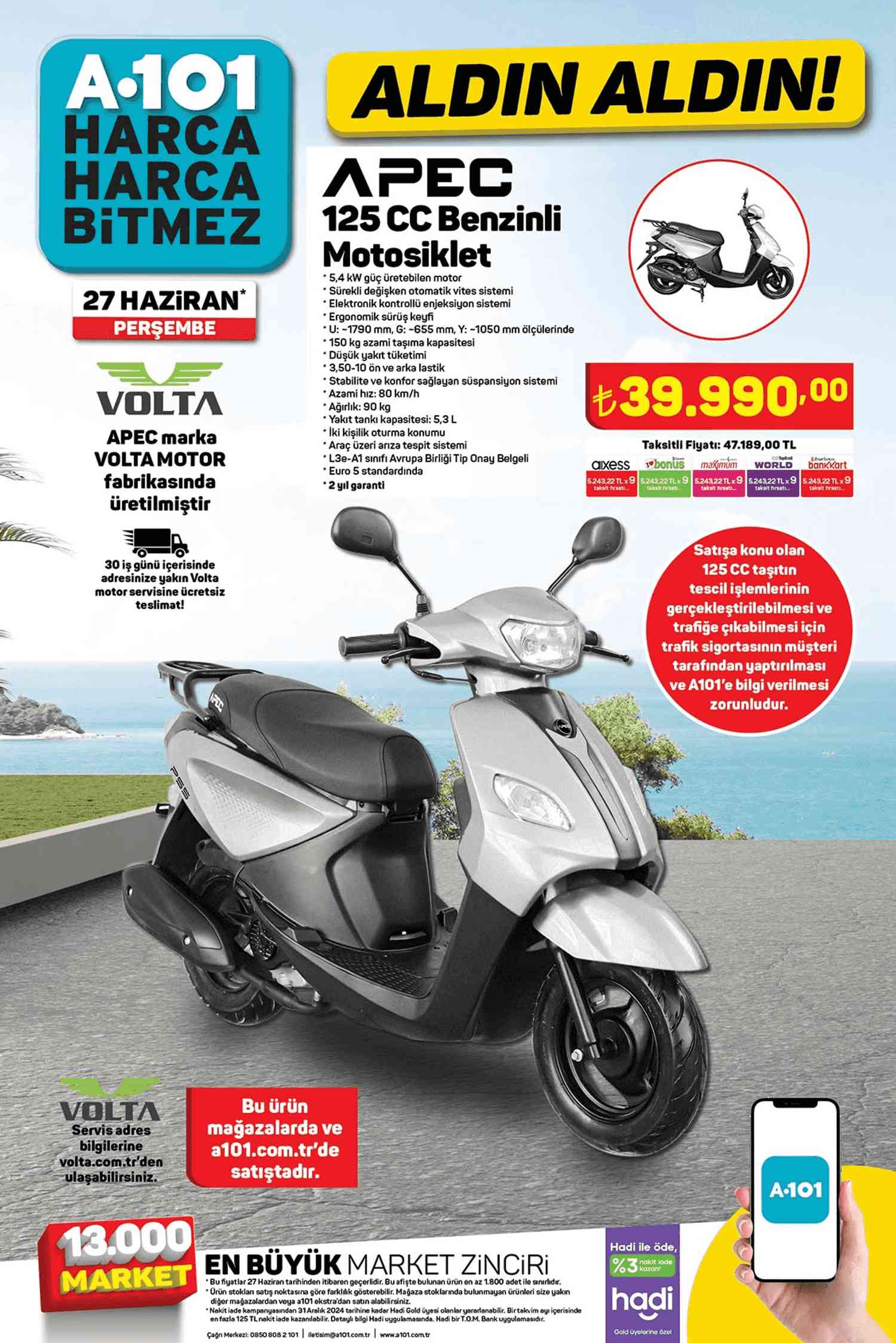 A101 27 Haziran 2024 125cc Benzinli Motosiklet Ürünü Kataloğu