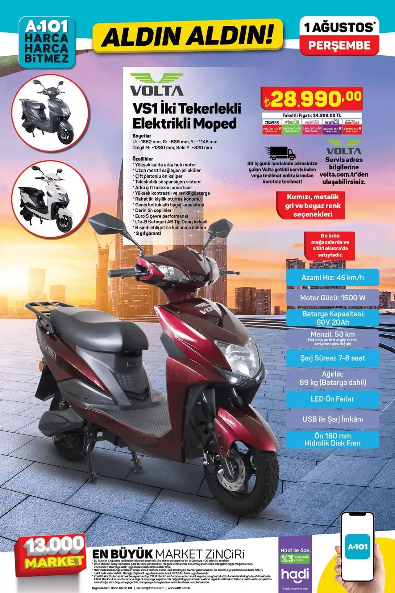 1 Ağustos Volta Elektrikli Moped Kampanyası A101 Aktüel