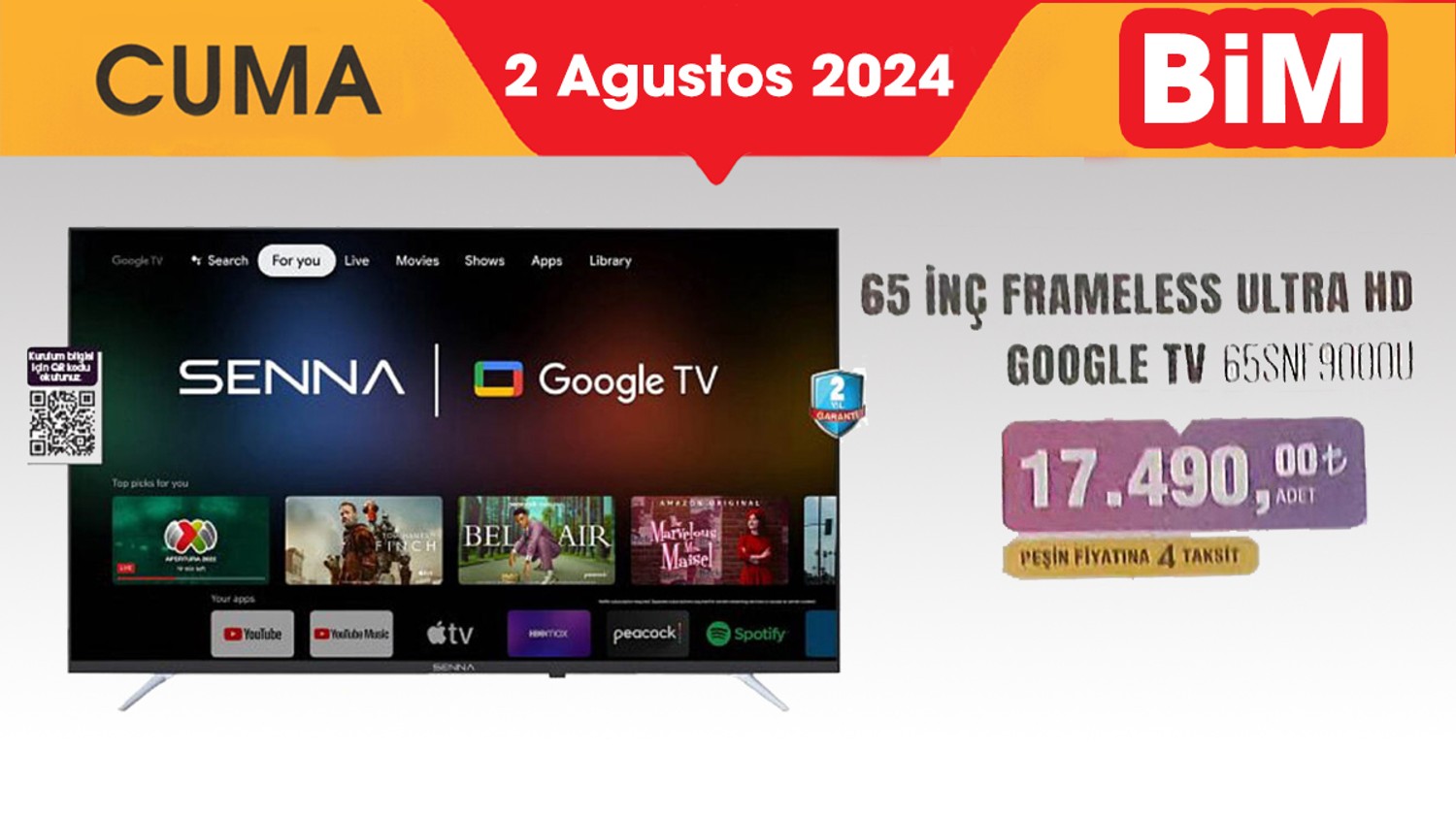 Senna 65 İnç Frameless Ultra HD Google TV - Bim 2 Ağustos