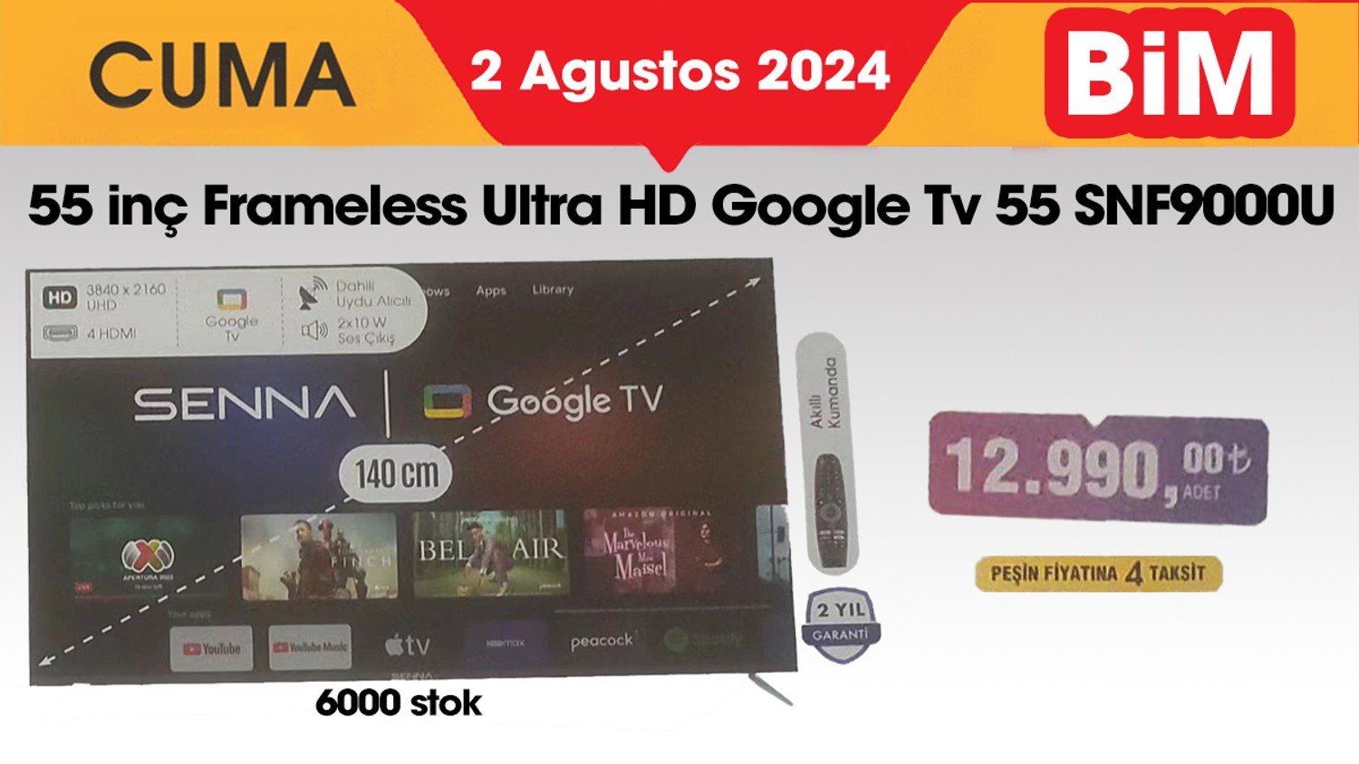 Senna 55 İnç Frameless Ultra HD Google TV - Bim 2 Ağustos