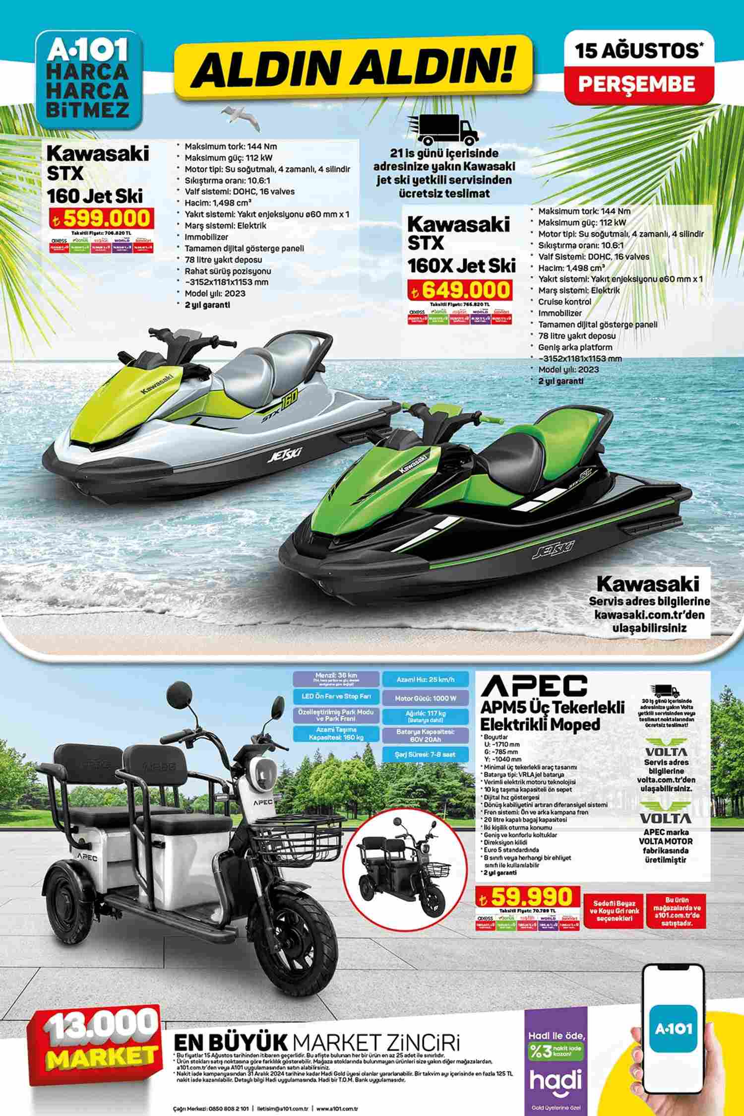 A101 JetSki ve elektrikli moped indirimi sunan 15 Ağustos 2024 kataloğu