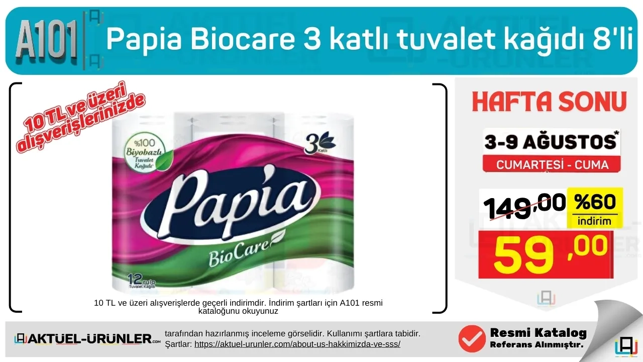 A101 3 Ağustos 2024 Papia Biocare 3 katlı tuvalet kağıdı 8li ürünü kampanyası