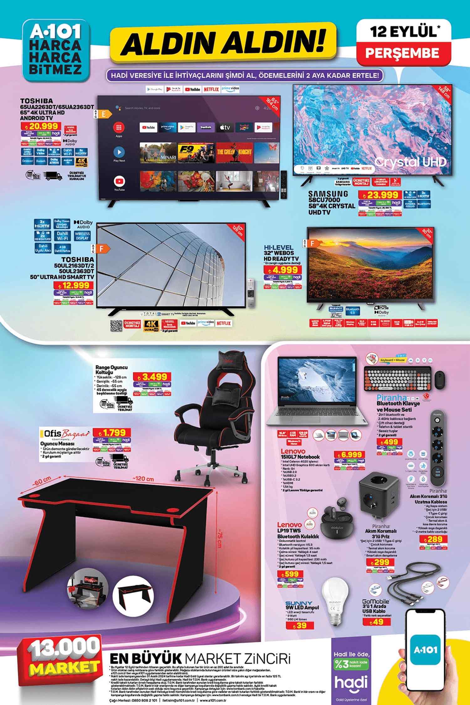 A101 Aktüel Kataloğu 12 Eylül TV ve Notebook Fırsatları
