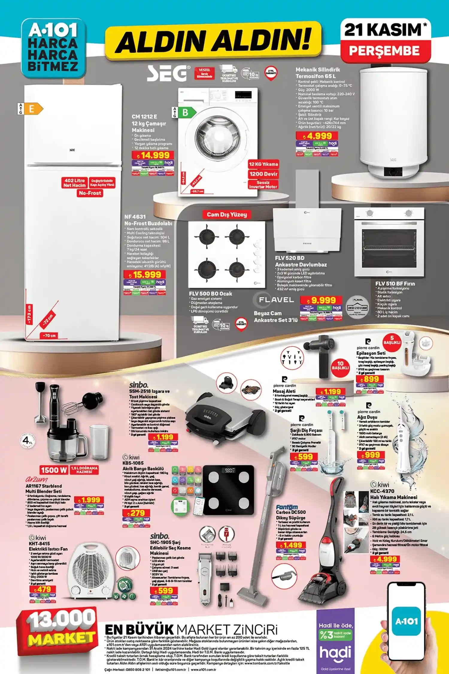 A101 21 Kasım Aktüel Kataloğu Beyaz Eşya ve Elektrikli Ürünler İndirim Sayfası