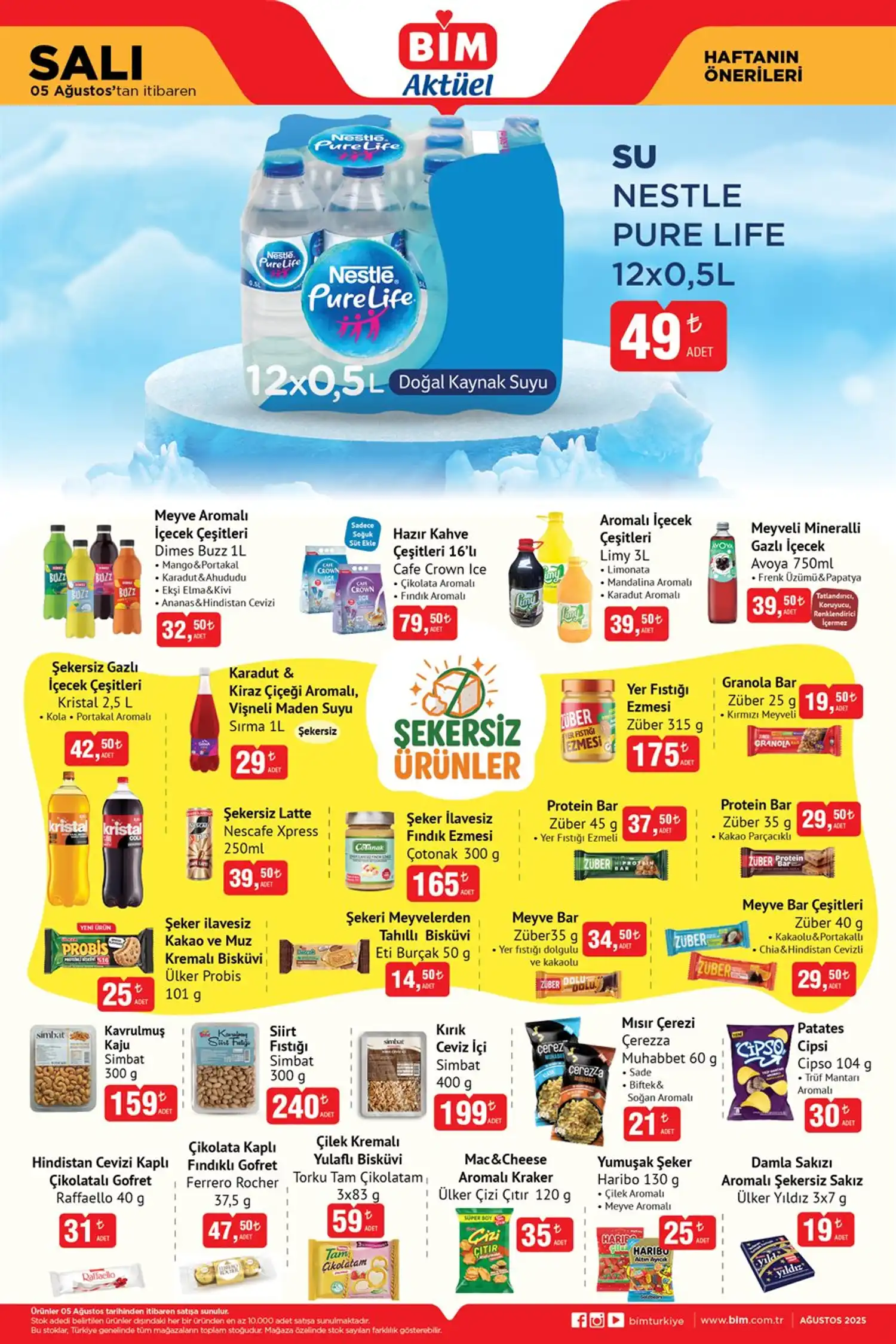 BİM 5 AĞUSTOS 2025 Şekersiz Ürünler ve Çeşitli Atıştırmalıklar Sayfası